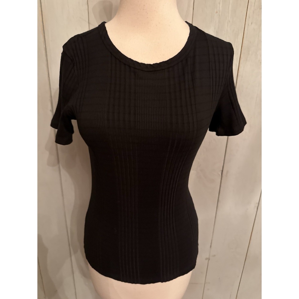 Michael Stars Crewneck Textured Tee Black Ribbed Short Sleeve Womens Size OS
